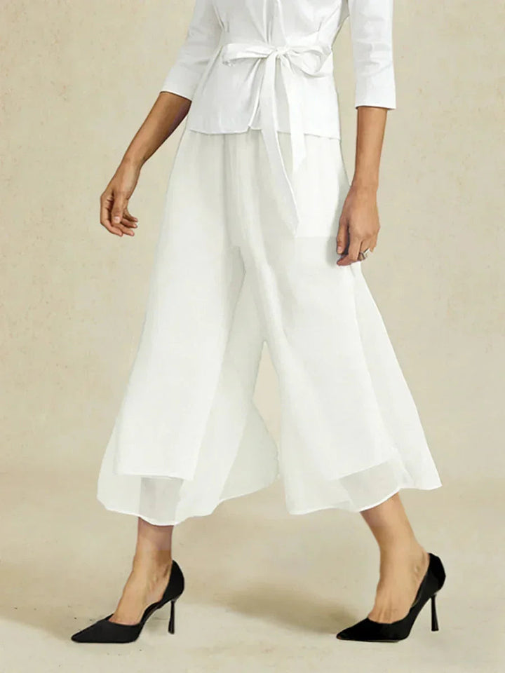 Cropped lengte rechte pijp broek met chiffon split pijp overlay