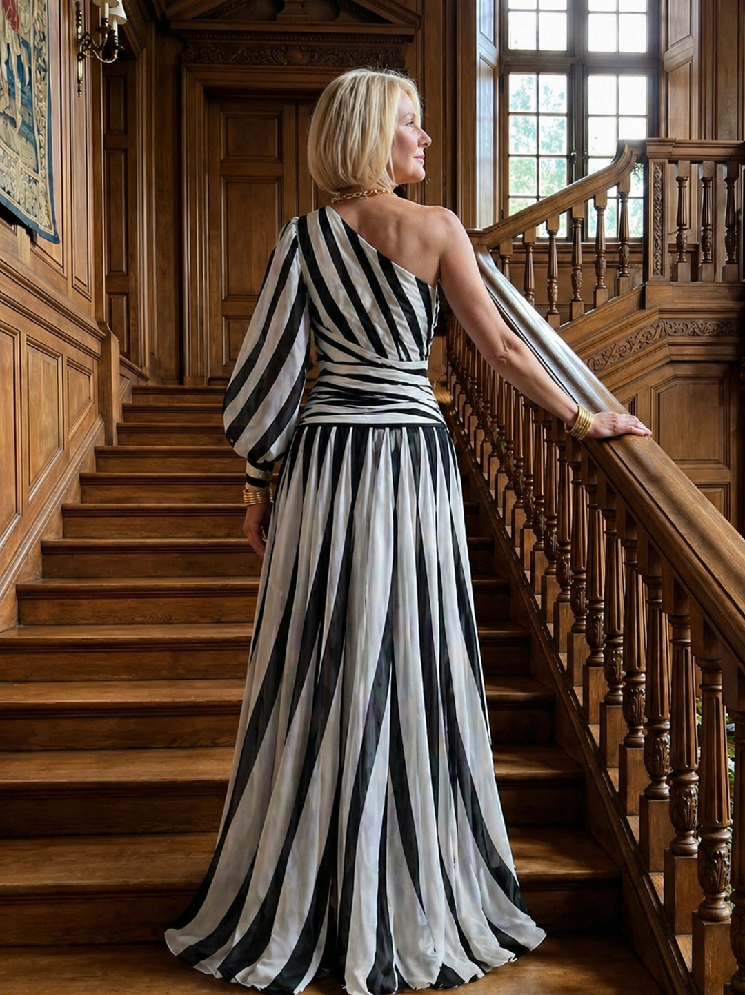 Camille | Elegant Striped Maxi Dress with One Shoulder
