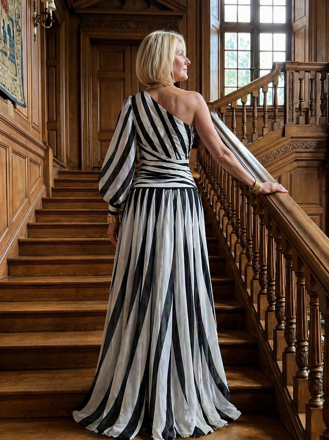 Camille | Elegant Striped Maxi Dress with One Shoulder