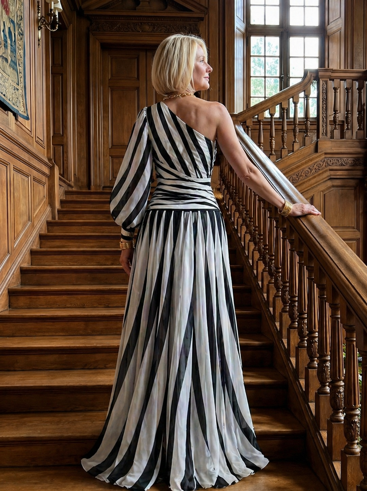 Camille | Elegant Striped Maxi Dress with One Shoulder