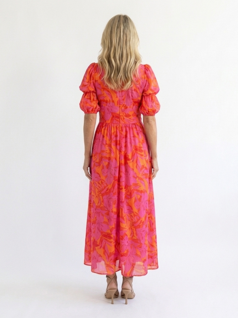 Calliope | Floral V Neck Puff Sleeve Midi Dress