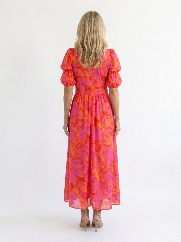 Calliope | Floral V Neck Puff Sleeve Midi Dress