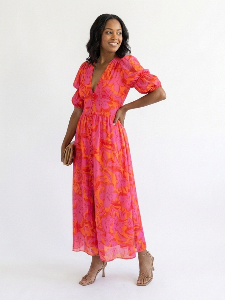 Calliope | Floral V Neck Puff Sleeve Midi Dress