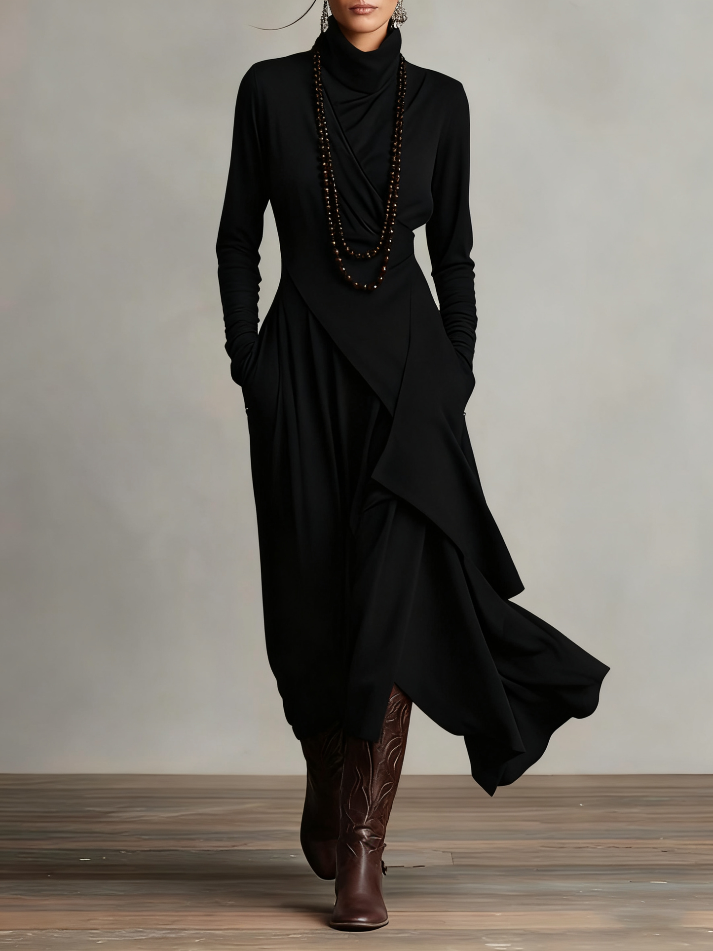 Giorgia - Asymmetrical Maxi Pleated Dress in Purple with High Neck (Necklace not included)