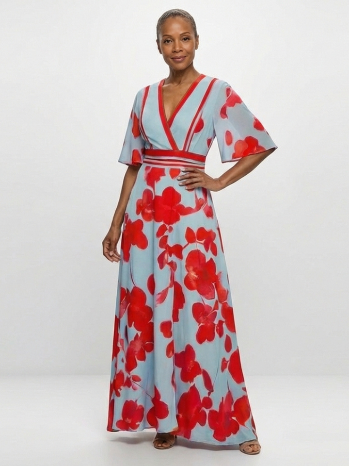 Xiomara | V Neck Short Sleeve Floral Maxi Dress