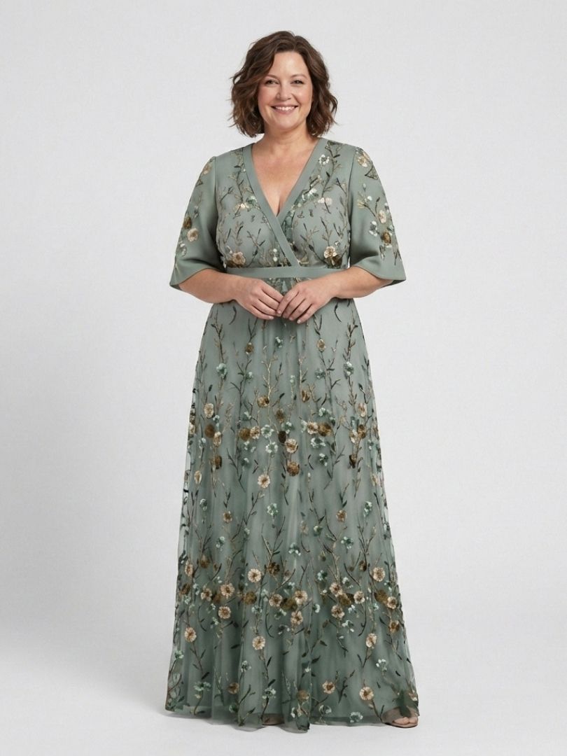 Isolde | Floral V-Neck Elbow-Length Sleeve Maxi Dress