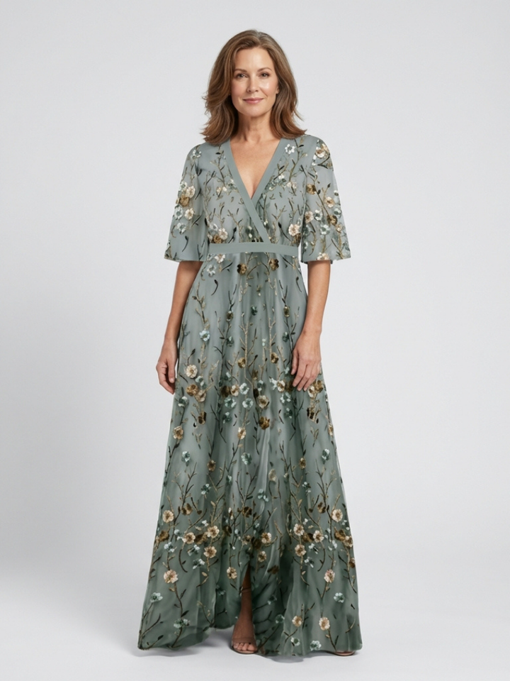Theodora | Floral V Neck Short Sleeve Maxi Dress