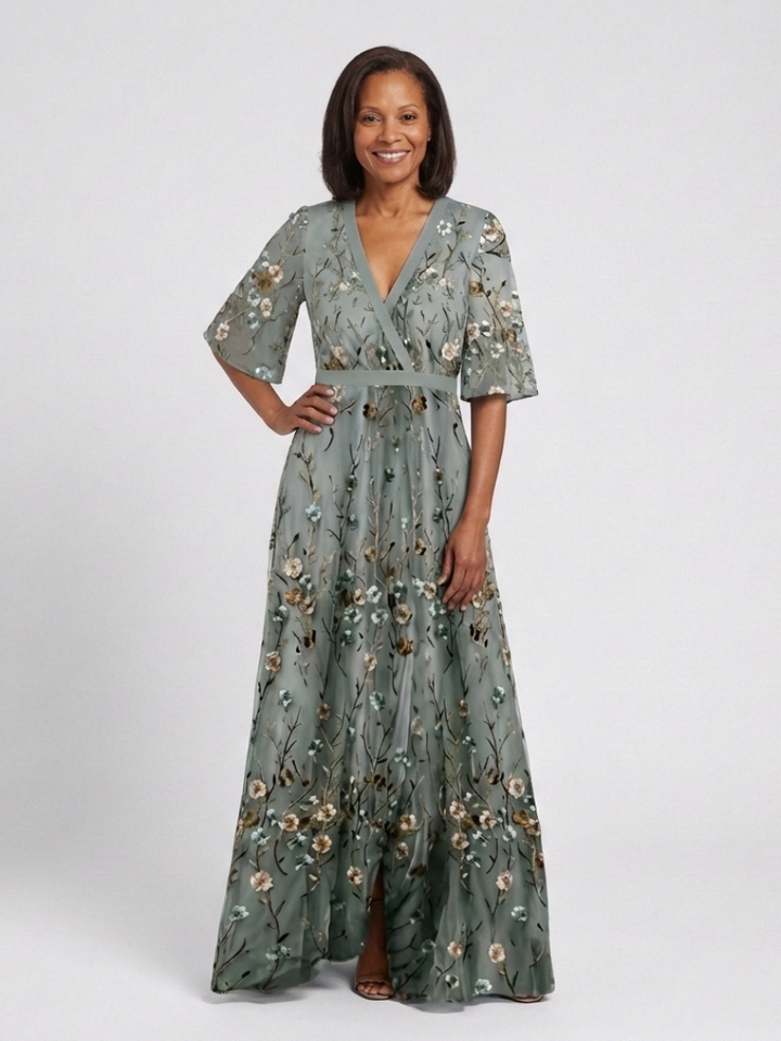 Theodora | Floral V Neck Short Sleeve Maxi Dress